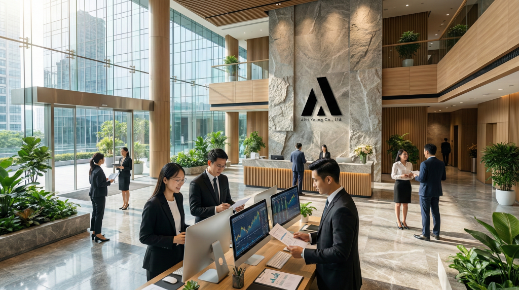 ภาพโถงต้อนรับสำนักงานบัญชี ARH Young ที่ตกแต่งอย่างหรูหราและทันสมัย พร้อมทีมผู้เชี่ยวชาญกำลังปฏิบัติงานด้านการเงินและภาษี