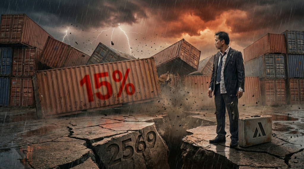 ภาพสัญลักษณ์นักธุรกิจ SME เผชิญวิกฤตภาษีที่ดินปี 2569 และภาษีนำเข้าโลก 15 เปอร์เซ็นต์