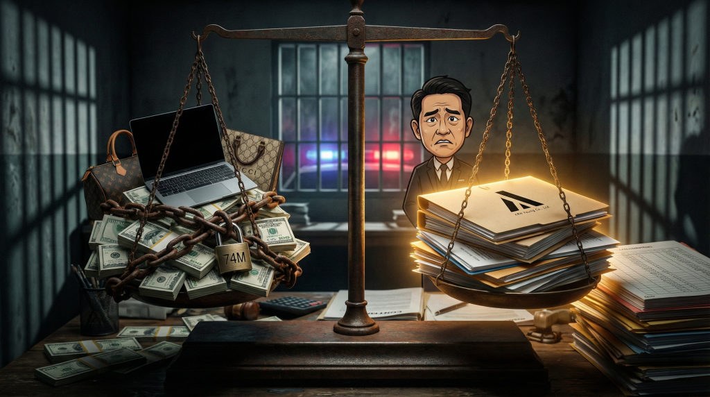 ภาพสัญลักษณ์ตาชั่งความยุติธรรมและกองเงินสด สะท้อนความเสี่ยงทางกฎหมายจากการรับโอนเงินก้อนใหญ่