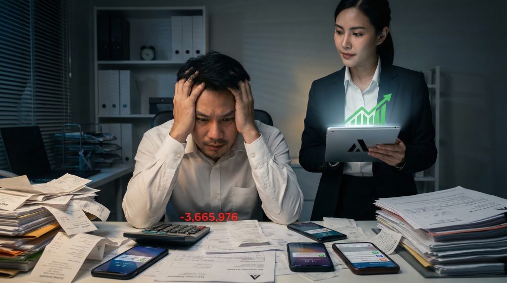 ภาพเจ้าของธุรกิจ SME นั่งเครียดท่ามกลางกองเอกสารภาษีและบัญชีที่ยุ่งเหยิง โดยมีที่ปรึกษาบัญชีและภาษีมืออาชีพยืนเคียงข้างพร้อมเสนอทางออกและกราฟการเติบโต