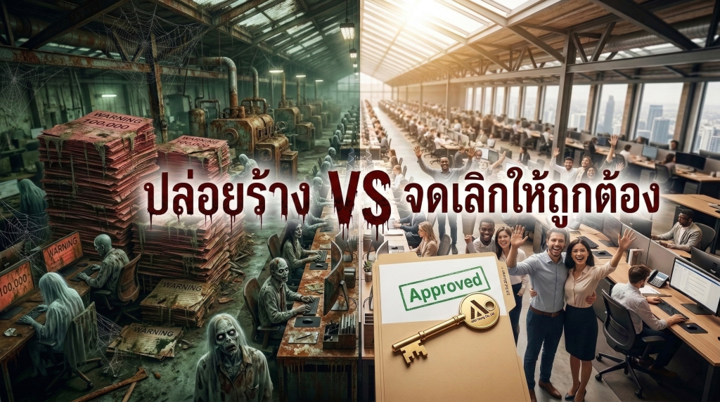 ภาพเปรียบเทียบความแตกต่างระหว่างการปล่อยบริษัททิ้งร้างและการจดทะเบียนเลิกบริษัทอย่างถูกต้องตามกฎหมาย