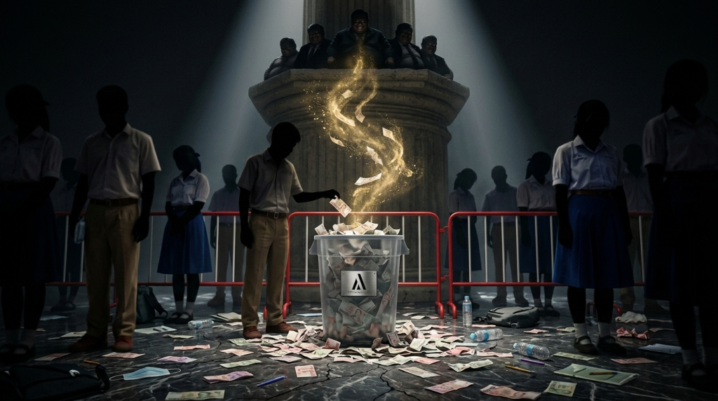 ภาพสัญลักษณ์เปรียบเทียบเงินสดที่ถูกทิ้งหน้าสนามสอบซึ่งกำลังแปรสภาพกลายเป็นทรัพย์สินของแผ่นดิน