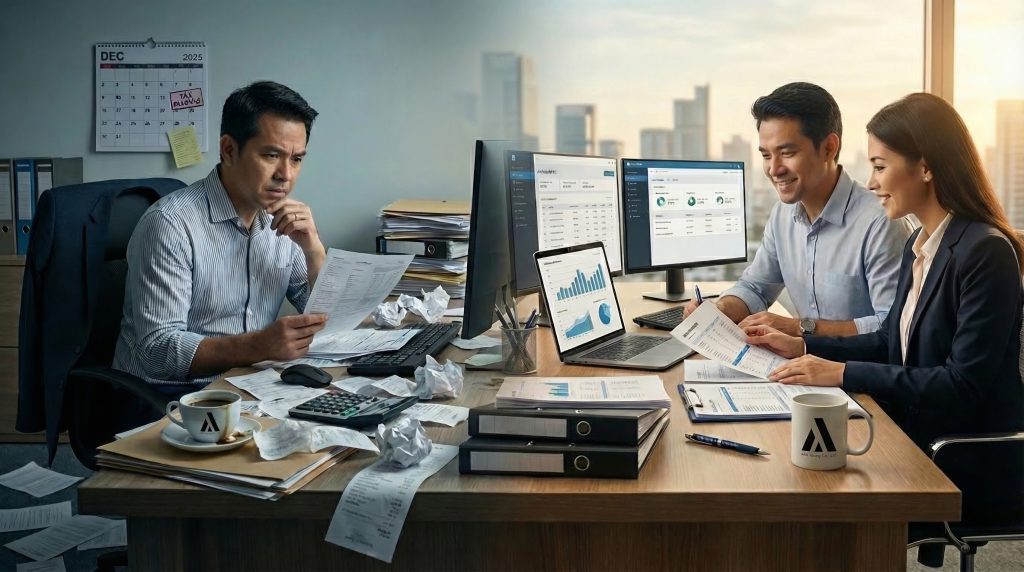 ภาพเปรียบเทียบกรณีศึกษาความยุ่งยากของการทำบัญชีด้วยตัวเองกับการจ้างสำนักงานบัญชีมืออาชีพ