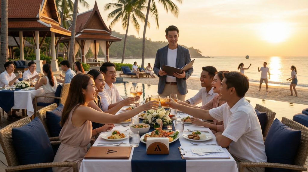 ภาพบรรยากาศการไปท่องเที่ยวของพนักงานบริษัท และเอกสารบัญชีสื่อถึงการนำค่าใช้จ่ายพาพนักงานไปเที่ยวมาลดหย่อนภาษีบริษัท