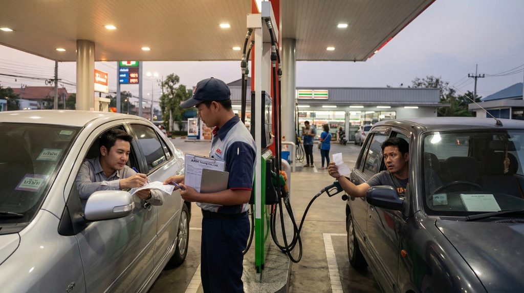 ภาพที่พนักงานบริษัทขอใบกำกับภาษีจากการเติมน้ำมัน สื่อถึงการนำค่าน้ำมันมาหักเป็นค่าใช้จ่ายบริษัท