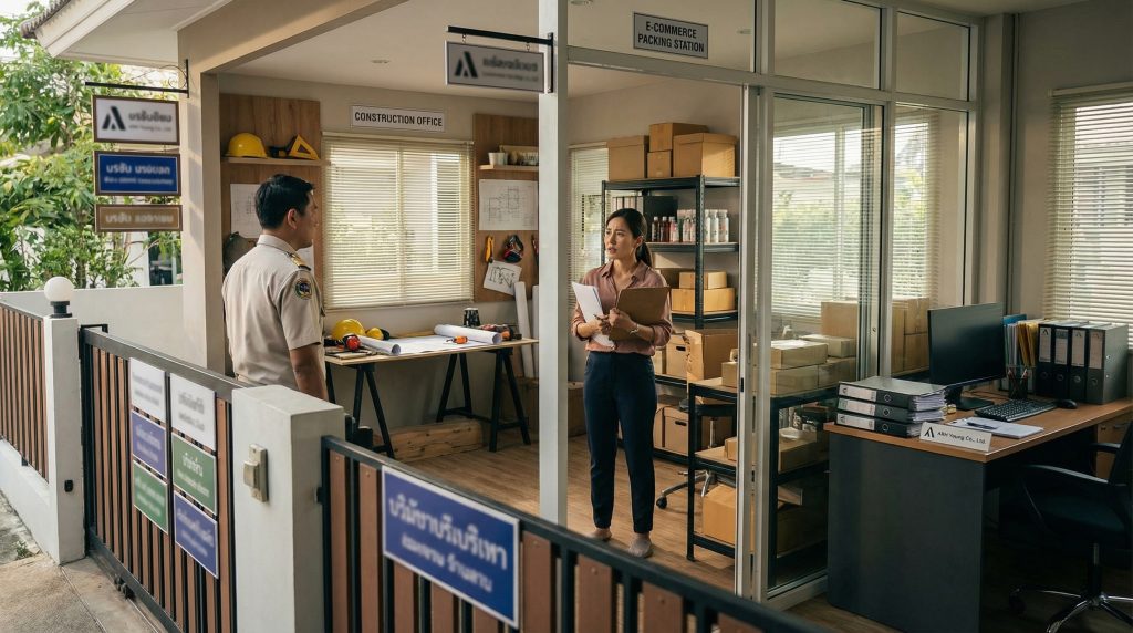 ภาพเจ้าของธุรกิจถือเอกสารอยู่หน้าอาคารพาณิชย์ที่มีป้ายบริษัทหลายป้าย โดยมีเจ้าหน้าที่สรรพากรยืนตรวจสอบ สื่อถึงเงื่อนไขการใช้ 1 ที่อยู่จดทะเบียนหลายบริษัท