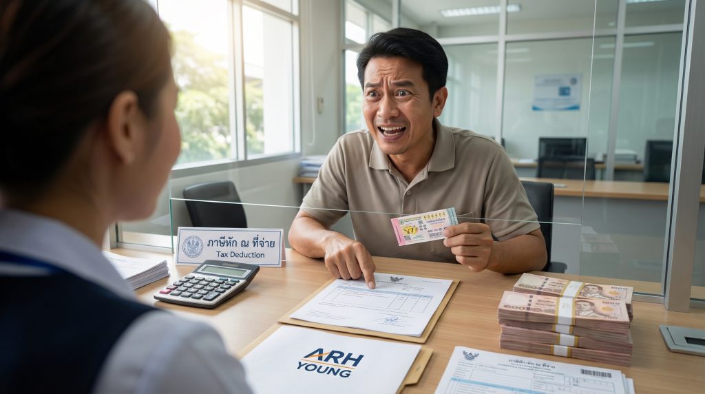 ชายหนุ่มถูกรางวัลที่ 1 กำลังสงสัยเรื่องการหักภาษี ณ ที่จ่ายและอากรแสตมป์ขณะขึ้นเงินรางวัล