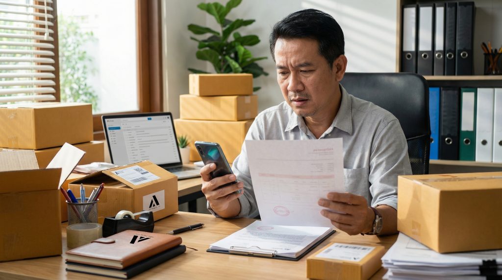 ภาพถ่าย เจ้าของธุรกิจ SME แสดงสีหน้ากังวลขณะนั่งที่โต๊ะทำงานท่ามกลางกองพัสดุจาก Shopee Lazada ในมือถือสมาร์ทโฟนและเอกสารที่มีตราประทับสีแดง สื่อถึงปัญหาและวิธีจัดการกับตะกร้าช้อปปิ้งออนไลน์แบบไม่มีใบเสร็จเพื่อเบิกเป็นค่าใช้จ่ายบริษัท