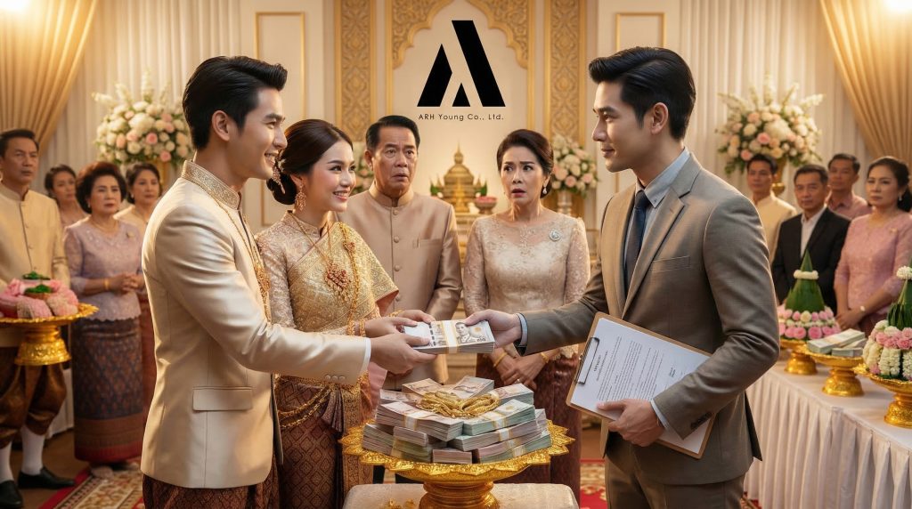 ภาพเจ้าบ่าวเจ้าสาวที่กำลังจะส่งเงินสินสอดให้กับพ่อแม่ แต่กลับต้องเอาเงินไปจ่ายภาษีก่อน