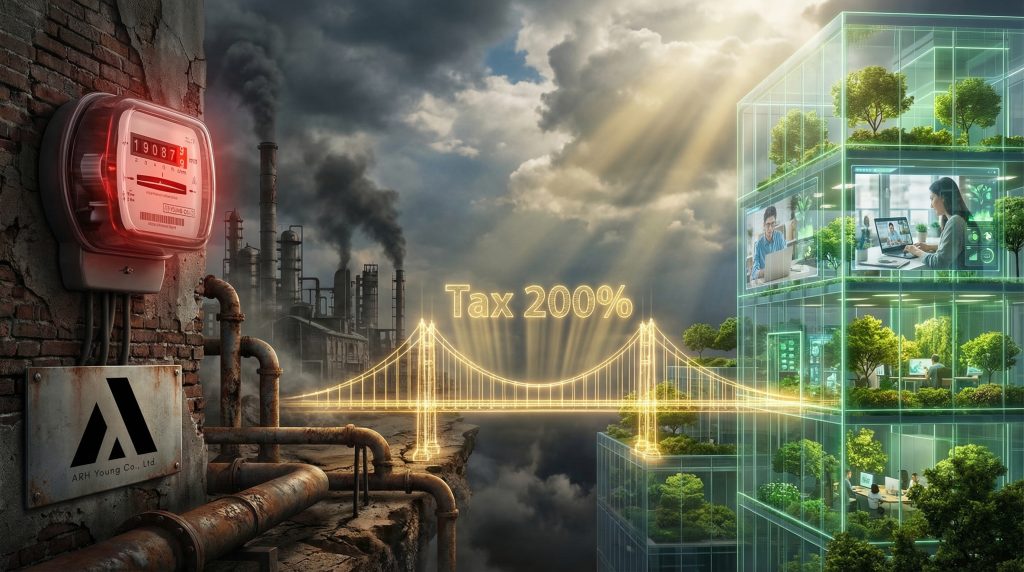 ภาพสัญลักษณ์การเปลี่ยนผ่านธุรกิจสู่อุตสาหกรรมสีเขียวและการทำงานแบบ WFH ท่ามกลางวิกฤตพลังงานปี 2569