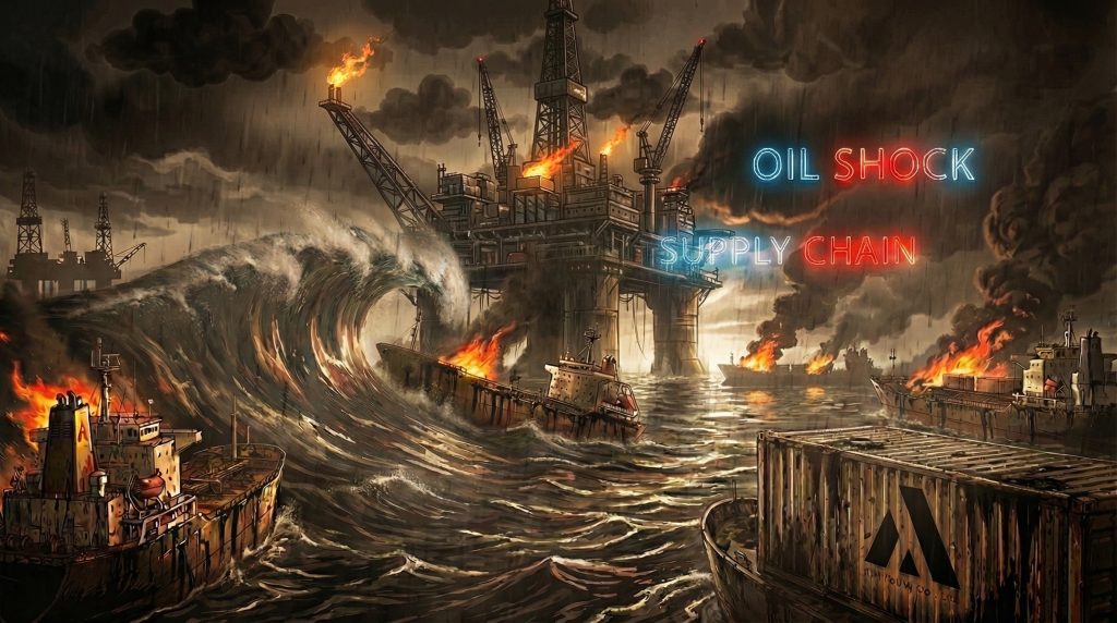 ภาพสัญลักษณ์วิกฤตพลังงานและผลกระทบต่อห่วงโซ่อุปทานจากการโจมตีเรือสินค้าในช่องแคบฮอร์มุซปี 2569