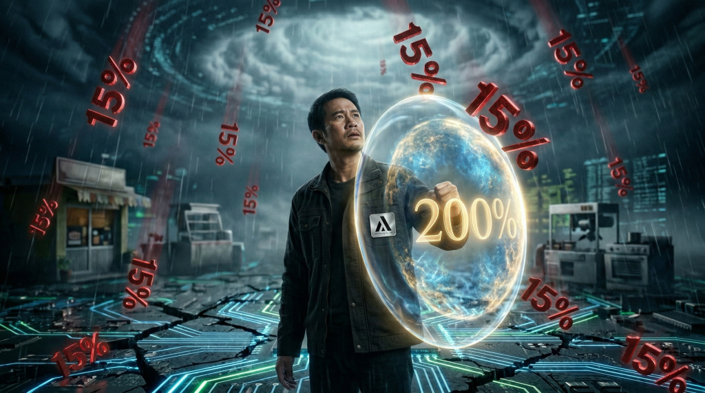 ภาพสัญลักษณ์เจ้าของธุรกิจ SME ไทยถือโล่ลดหย่อนภาษี 200 เปอร์เซ็นต์ ป้องกันพายุภาษีนำเข้าสหรัฐ 15 เปอร์เซ็นต์