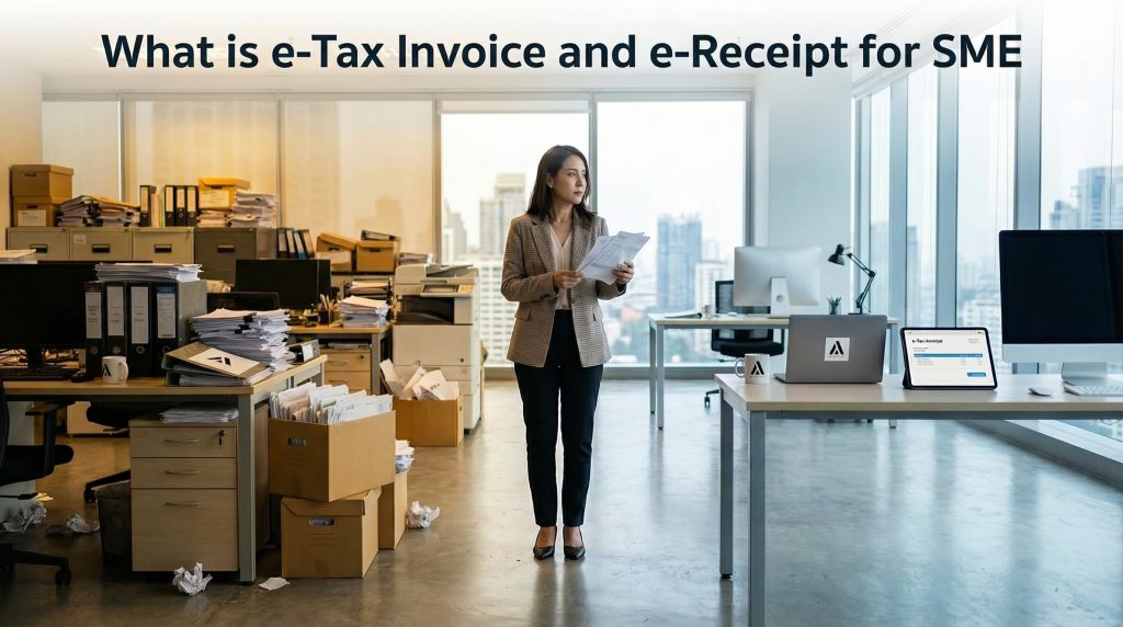 ภาพเปรียบเทียบโต๊ะทำงานที่เต็มไปด้วยใบกำกับภาษีกระดาษที่วุ่นวาย กับโต๊ะทำงานยุคใหม่ที่ใช้ระบบ e-Tax Invoice ส่งผ่านอีเมล