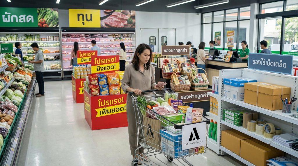 ภาพเจ้าของธุรกิจ SME ชาวไทยแสดงสีหน้ากังวลขณะเข้าคิวชำระเงินที่เคาน์เตอร์ซูเปอร์มาร์เก็ต สื่อถึงการวิเคราะห์ต้นทุนและปิดงบประจำปี