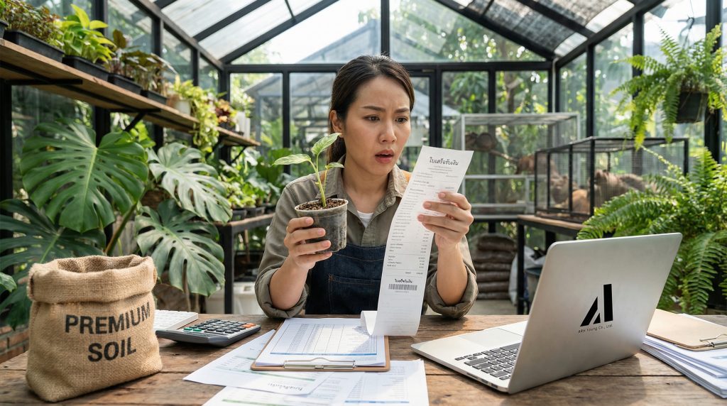 เจ้าของฟาร์มเกษตรกำลังคำนวณต้นทุนแฝงของการเพาะพันธุ์ต้นไม้และการเลี้ยงสัตว์