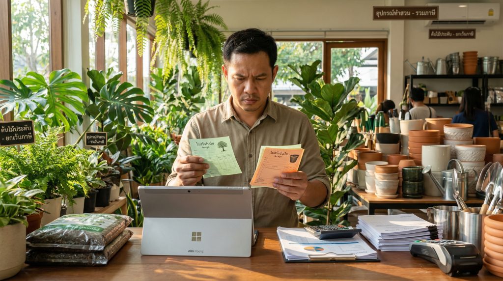 เจ้าของร้านขายต้นไม้และอุปกรณ์จัดสวนกำลังแยกบิลรายได้เพื่อแยกประเภทสินค้าที่ยกเว้น VAT และสินค้าที่ต้องเสีย VAT