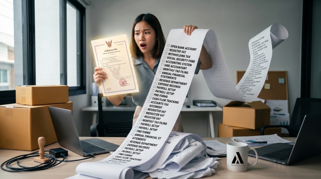 เจ้าของธุรกิจมือใหม่ถือหนังสือรับรองบริษัทพร้อมกับดูรายการ Checklist สิ่งที่ต้องทำหลังจดทะเบียนบริษัท