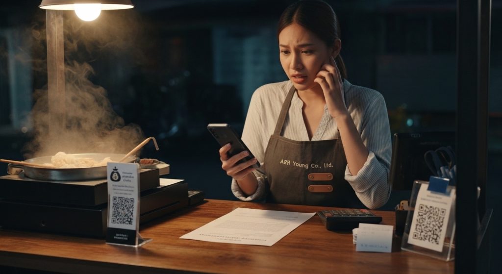 แม่ค้าร้านอาหารตามสั่งชาวไทยกำลังตรวจยอดขายจากแอปถุงเงินในโครงการไทยช่วยไทยพลัสด้วยสีหน้ากังวลเรื่องการคำนวณภาษีร้านค้าบุคคลธรรมดา
